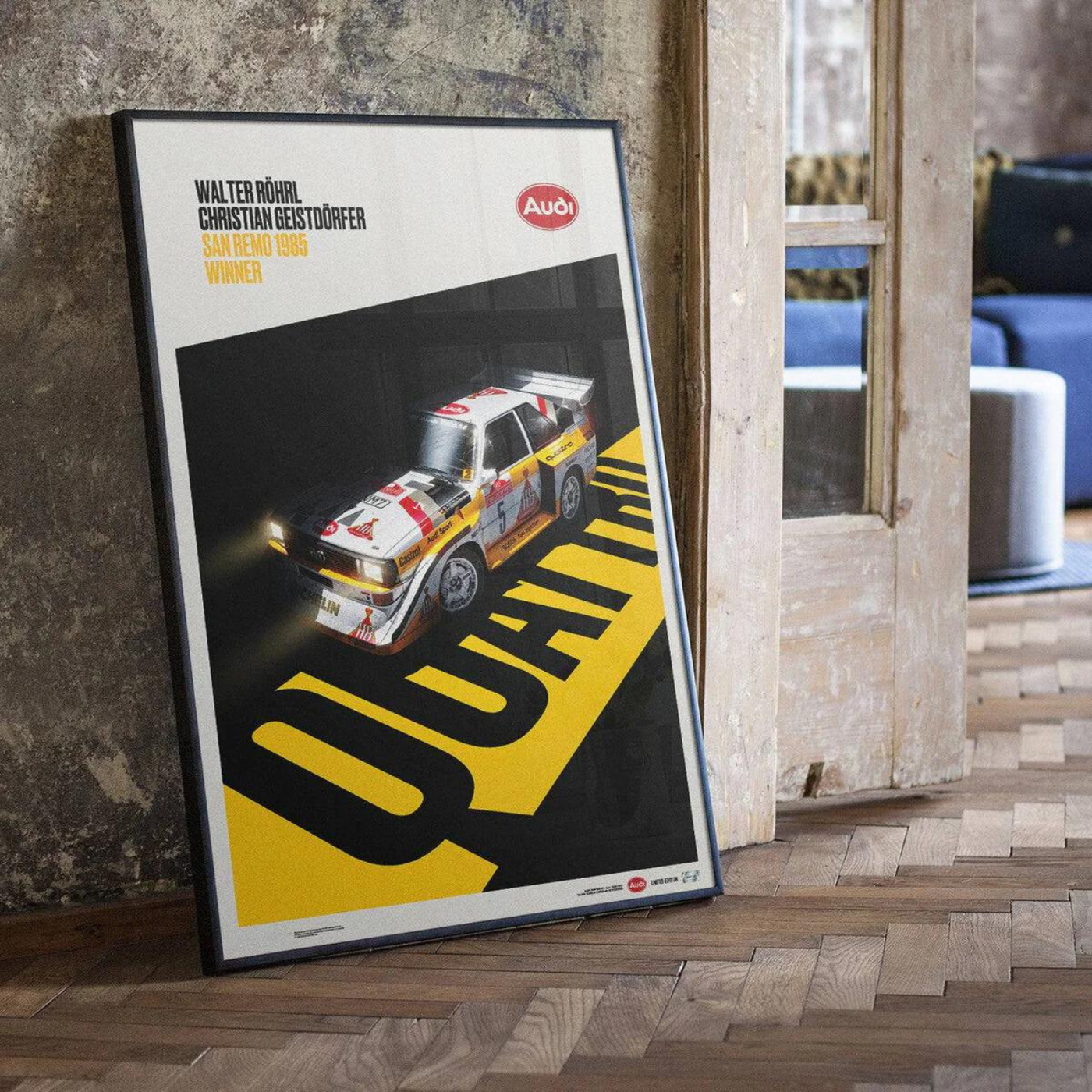 Walter Röhrl & Christian Geistdörfer | 1985 Audi Quattro S1 Shadow San Remo | Audi Poster | Frame Included