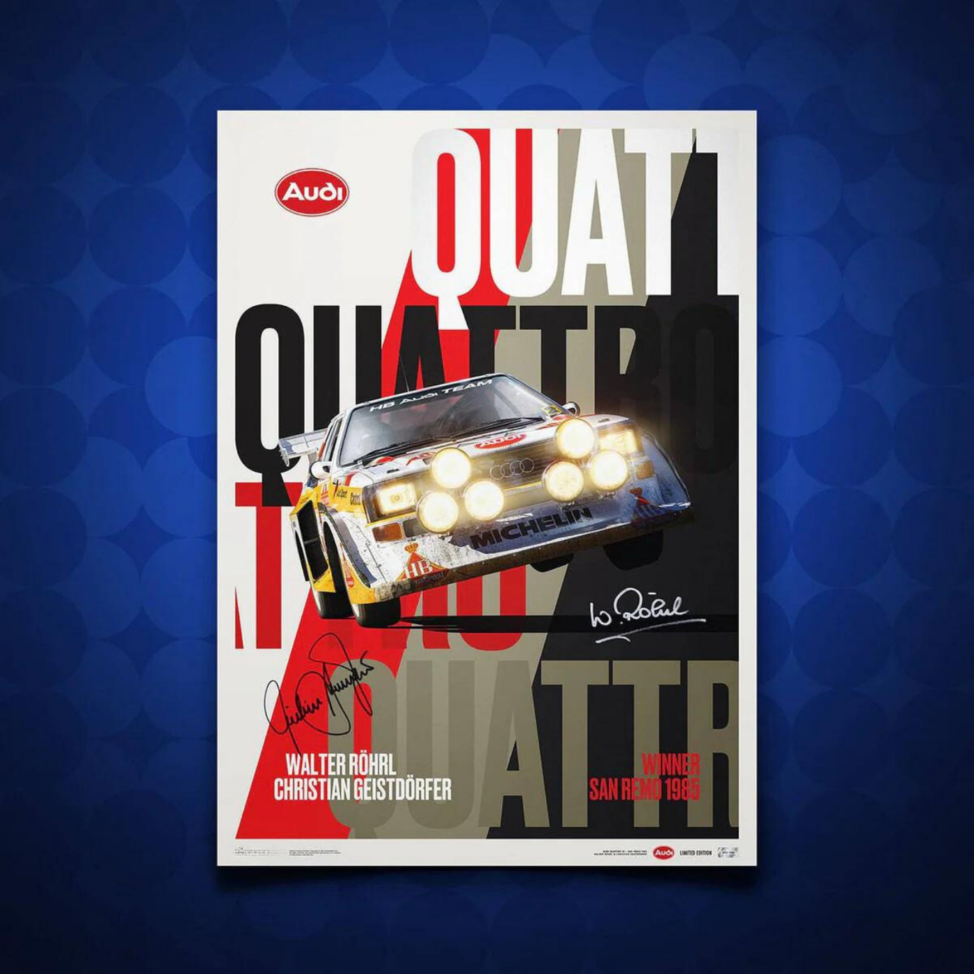 Signed by Walter Röhrl & Christian Geistdörfer | 1985 Audi Quattro S1 Leap San Remo | Audi Poster | Frame Included