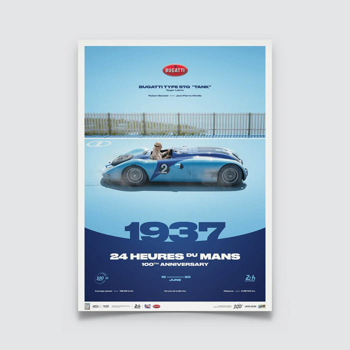 Bugatti Type 57G "Tank" | 1937 100th Anniversary | 24h Le Mans Poster | Frame Included