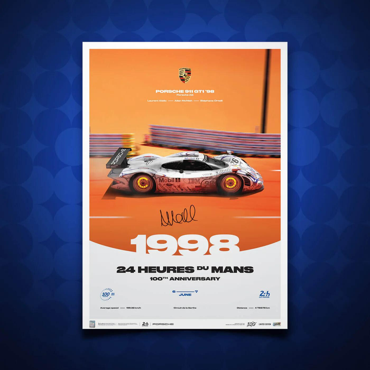 Signed by Allan McNish | 1998 Porsche 911 GT1 | 100th Anniversary 24h Le Mans Poster | Frame Included