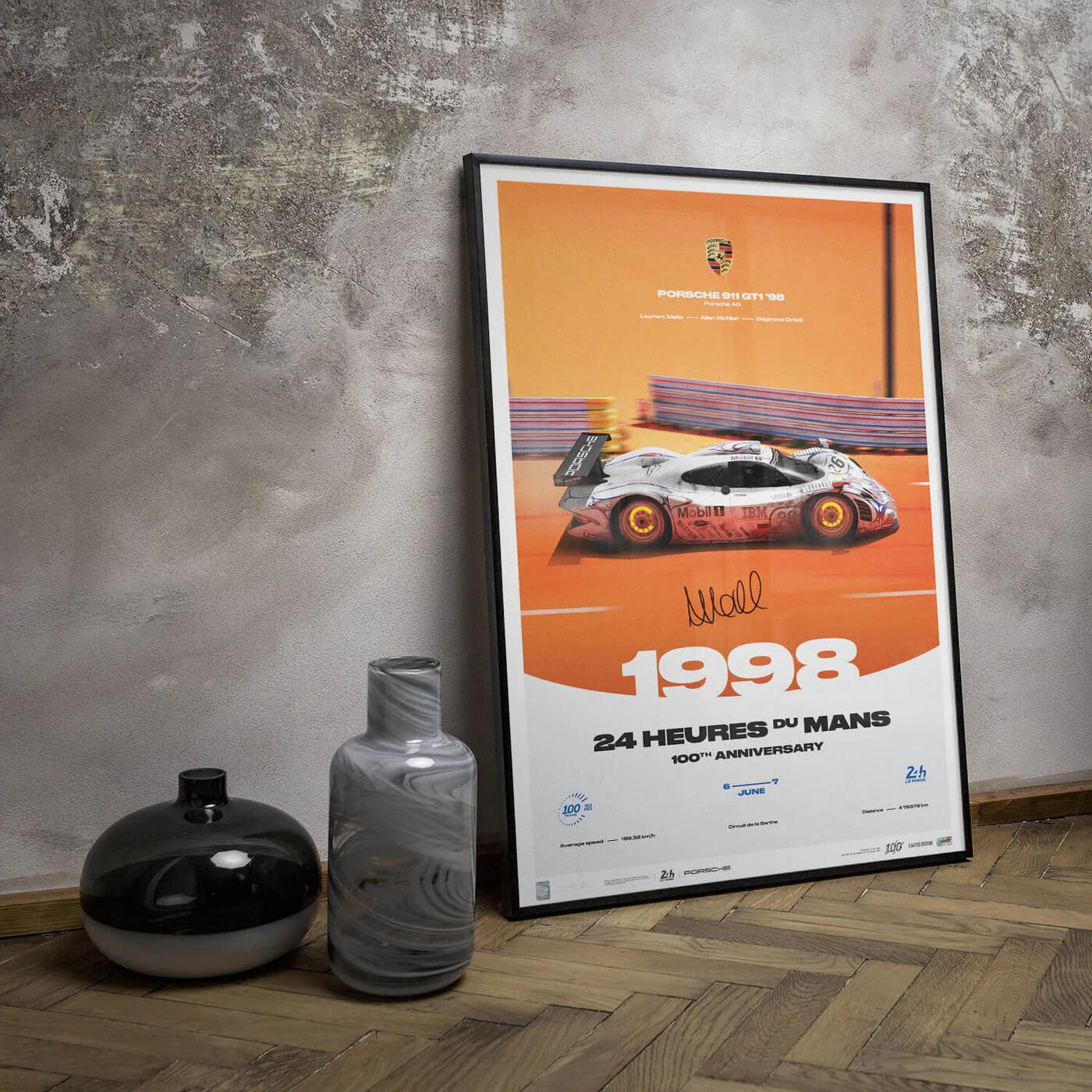 Signed by Allan McNish | 1998 Porsche 911 GT1 | 100th Anniversary 24h Le Mans Poster | Frame Included