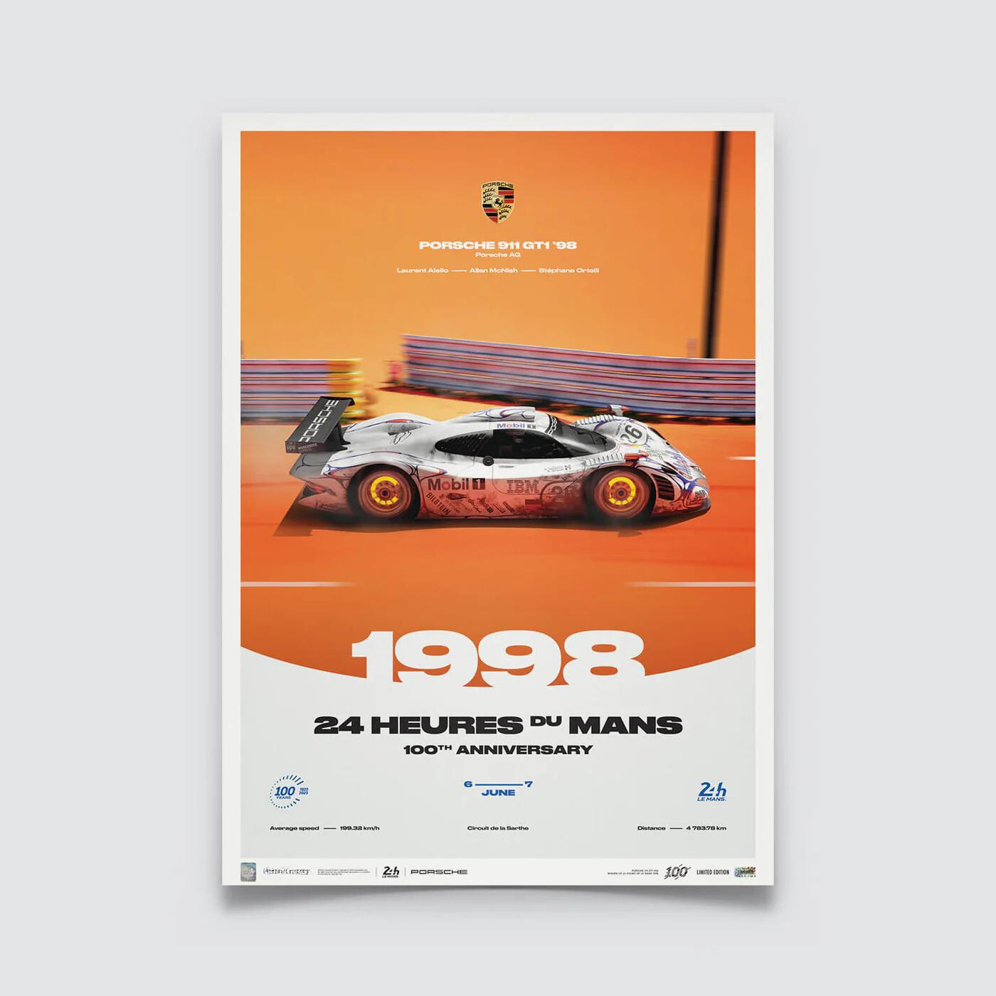 Porsche 911 GT1 | 1998 100th Anniversary | 24h Le Mans Poster | Frame Included