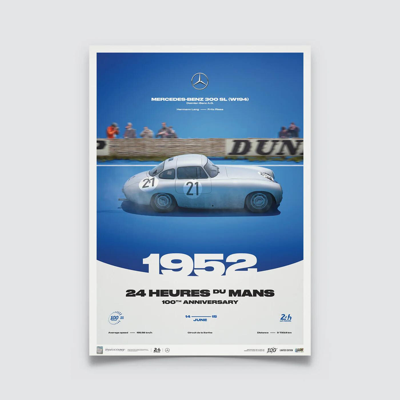 Mercedes-Benz 300 SL (W194) | 1952 100th Anniversary | 24h Le Mans Poster | Frame Included